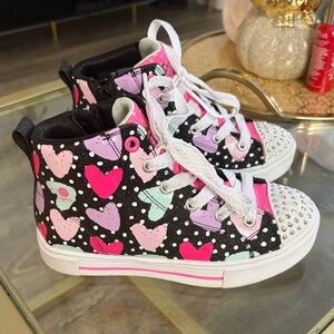 Skechers Twinkle Toes Kids' Black and Pink Heart Sneakers
